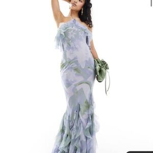 ASOS ruffle halter bias maxi dress in soft blue/purple floral print